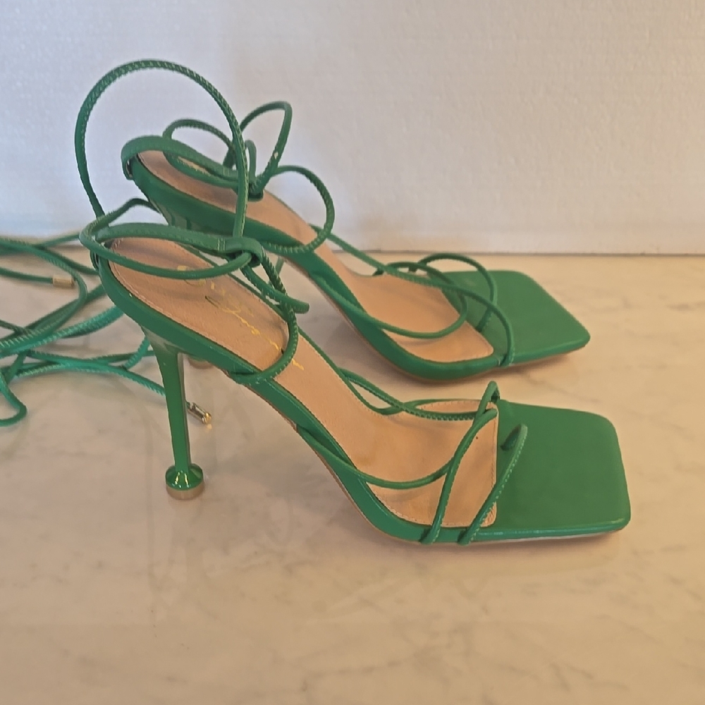 Olivia Feragammo Sexy Green Strappy Ankle Wrap High Heel Sandals